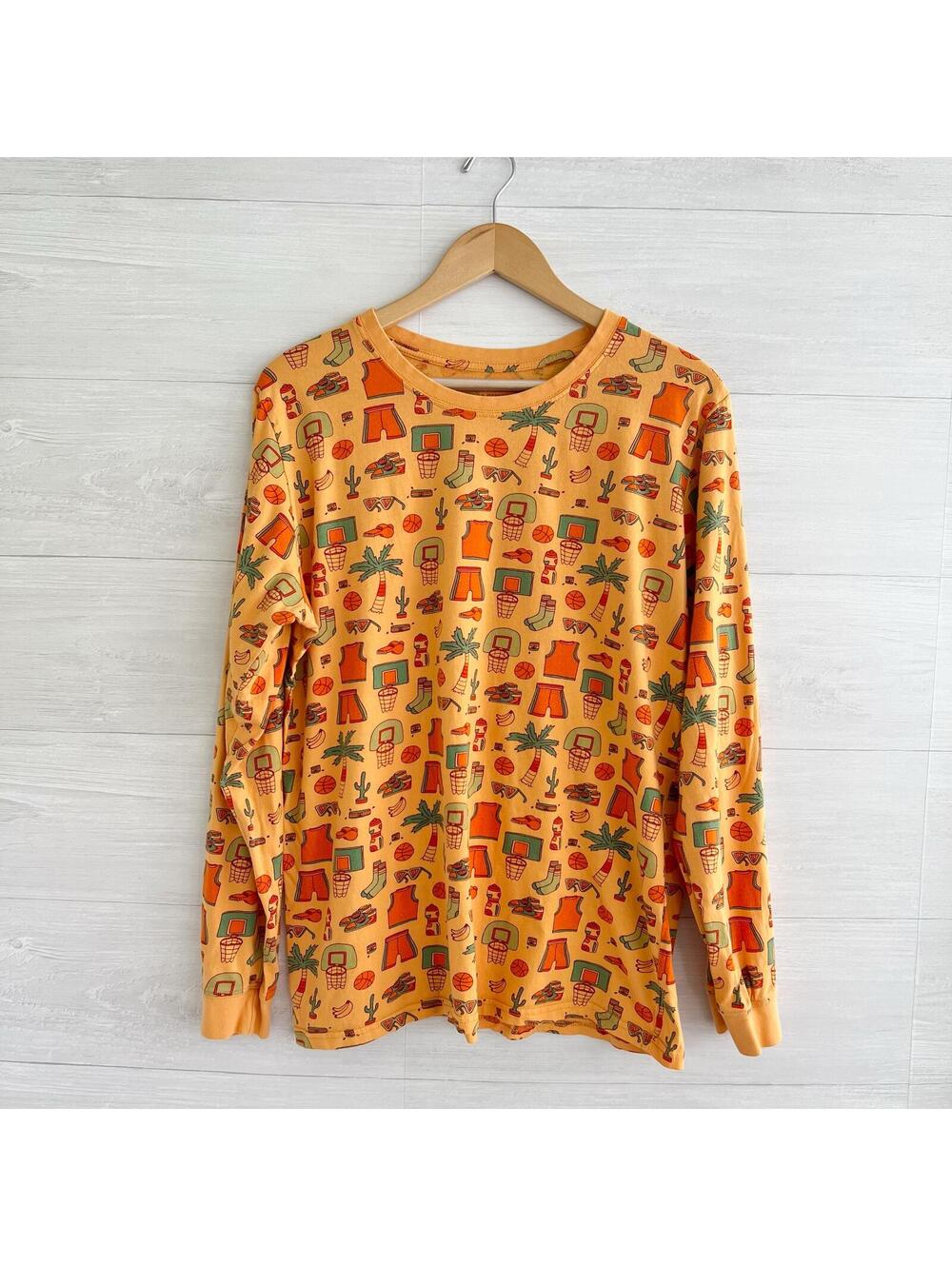 Mokuyobi Basketball Print Long Sleeve Tee L Yellow Orange Retro Cotton Top